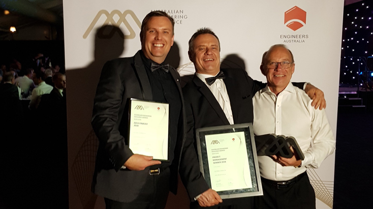 Mark Bennett, Ray Thompson and David Bax with the Engineers Australia Project Management award