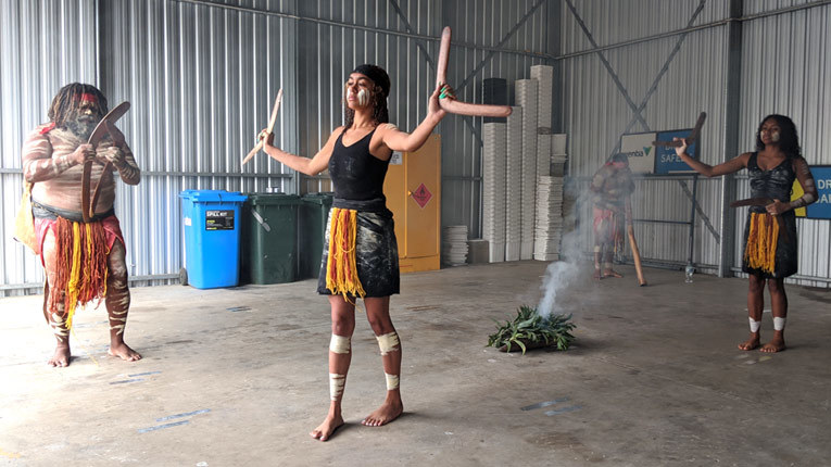 Indigenous Australians pictured at the mural event showcasing various dances of the Yugambeh
