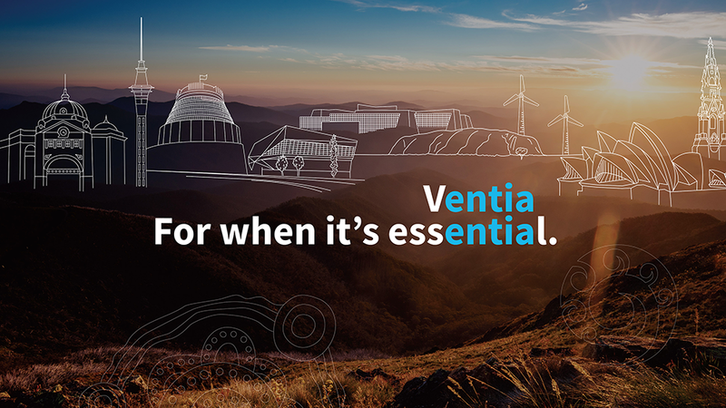 Ventia graphic displaying iconic Australian and New Zealand buildings and First Nations art