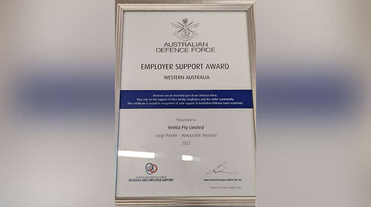 Employer Support Award from Australian Defence Force received by Ventia