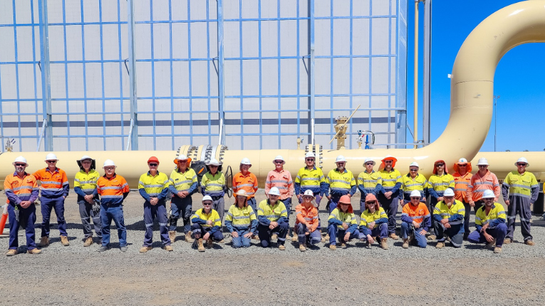 Large group of workers wearing orange and yellow hi vis